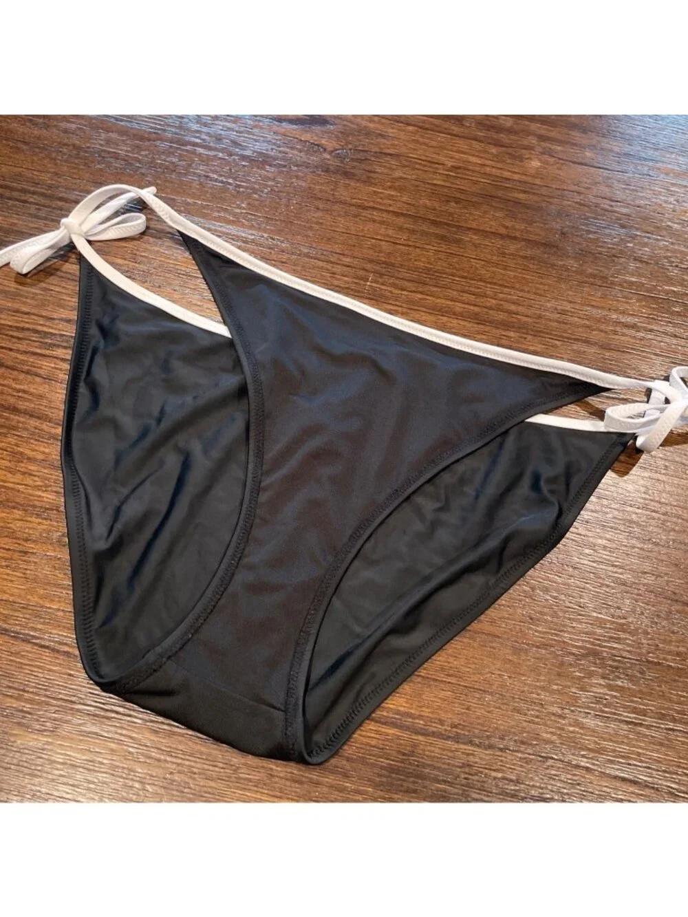 NWT J.Crew String Bikini Bottom XL Black White Contrast-Trim Mid Rise Adjustable